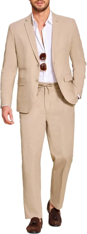 COOFANDY Men's 2 Piece Linen Suits Set Regular Fit Casual Lightweight Blazer Jacket and Pants