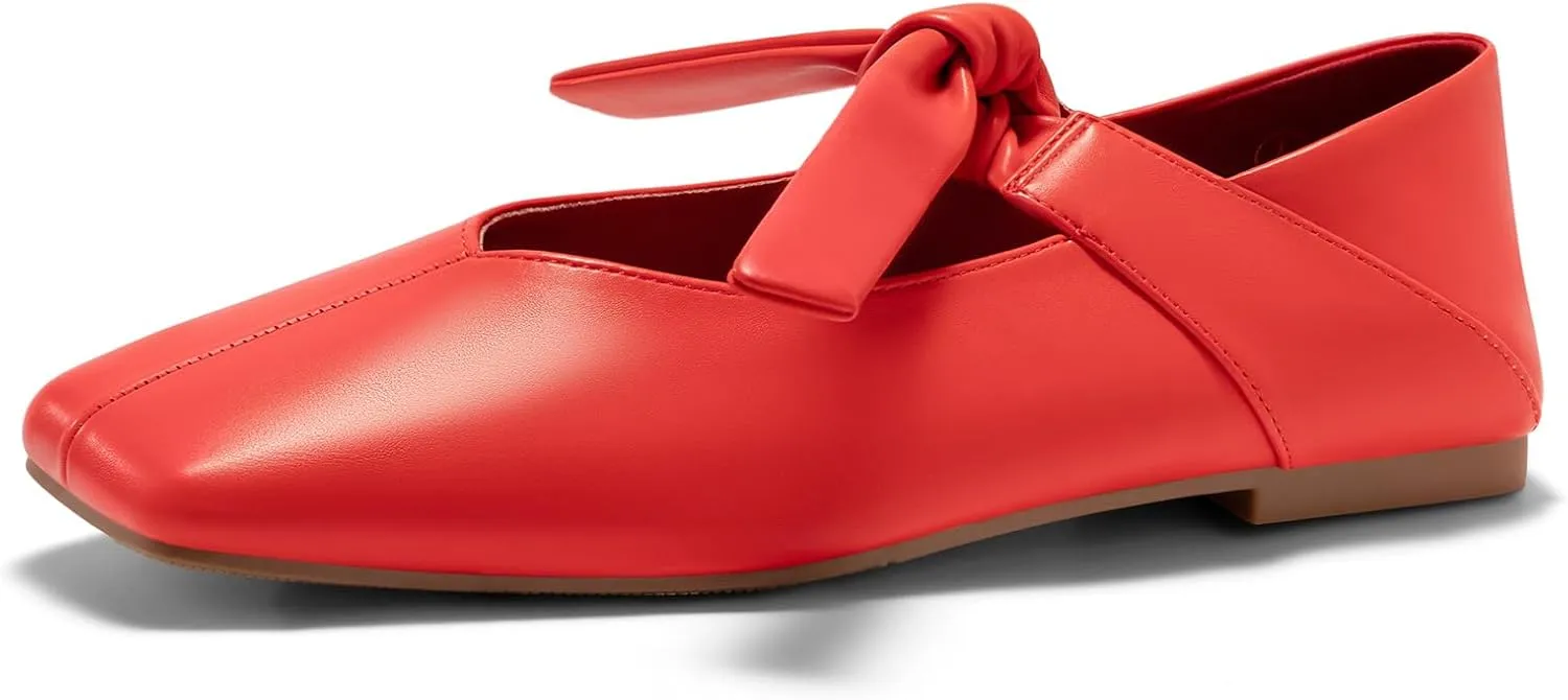 Coutgo Womens Mary Jane Flats Bow Square Toe Ballet Flats Dressy Comfortable Slip on Flat Shoes