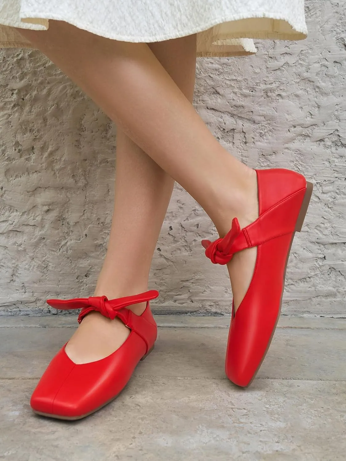 Coutgo Womens Mary Jane Flats Bow Square Toe Ballet Flats Dressy Comfortable Slip on Flat Shoes