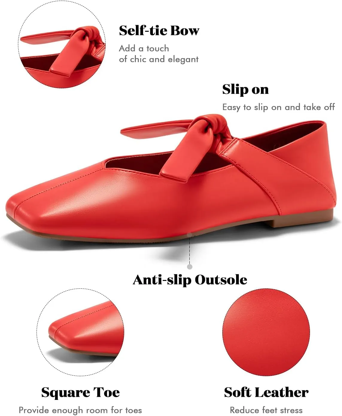 Coutgo Womens Mary Jane Flats Bow Square Toe Ballet Flats Dressy Comfortable Slip on Flat Shoes