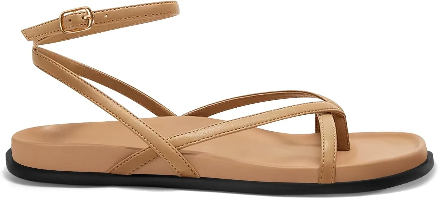 Coutgo Womens Strappy Flat Sandals Comfortable Flip Flop Footbed Sandals Ankle Strap Summer Beach Shoes