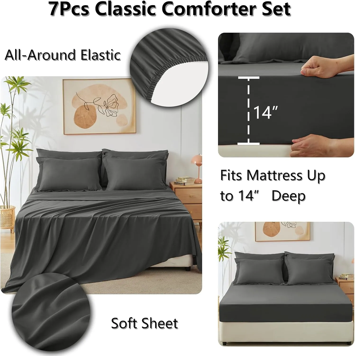 CozyLux California King Comforter Set with Sheets Dark Grey 7 Pieces Cal King Bed in a Bag All Season Bedding Sets with Comforter, Pillow Shams, Flat Sheet, Fitted Sheet and Pillowcases