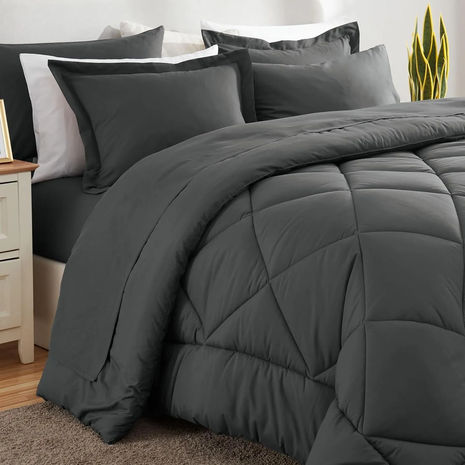 CozyLux California King Comforter Set with Sheets Dark Grey 7 Pieces Cal King Bed in a Bag All Season Bedding Sets with Comforter, Pillow Shams, Flat Sheet, Fitted Sheet and Pillowcases