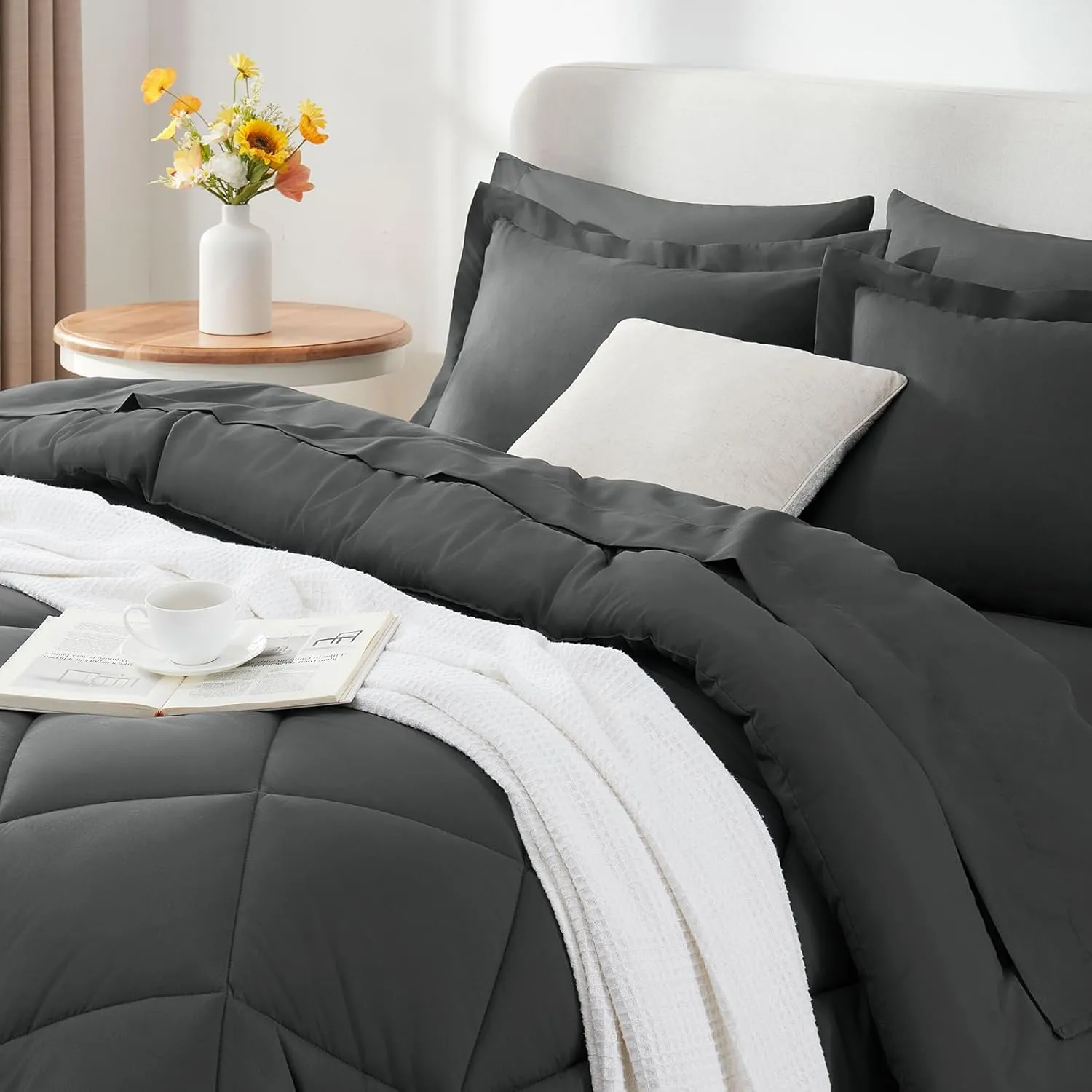 CozyLux California King Comforter Set with Sheets Dark Grey 7 Pieces Cal King Bed in a Bag All Season Bedding Sets with Comforter, Pillow Shams, Flat Sheet, Fitted Sheet and Pillowcases