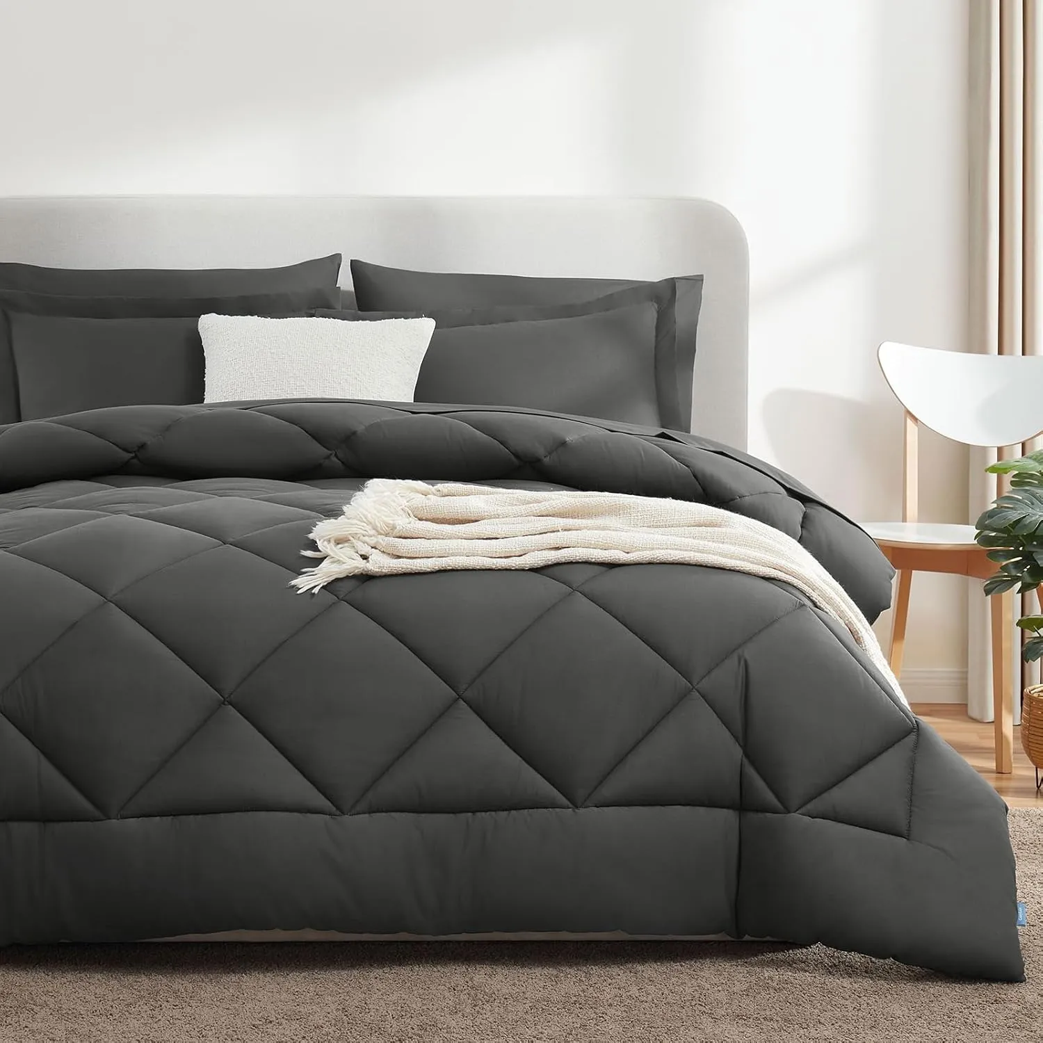 CozyLux California King Comforter Set with Sheets Dark Grey 7 Pieces Cal King Bed in a Bag All Season Bedding Sets with Comforter, Pillow Shams, Flat Sheet, Fitted Sheet and Pillowcases