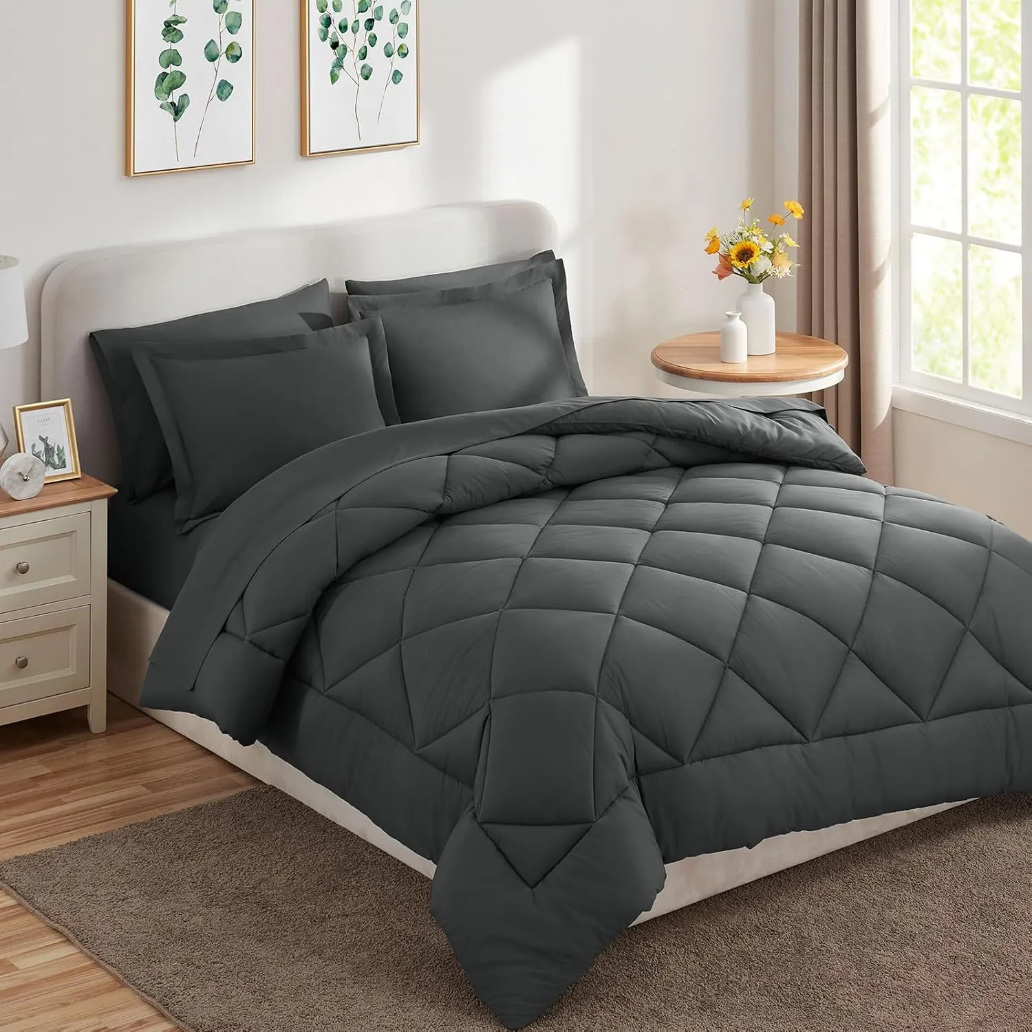 CozyLux California King Comforter Set with Sheets Dark Grey 7 Pieces Cal King Bed in a Bag All Season Bedding Sets with Comforter, Pillow Shams, Flat Sheet, Fitted Sheet and Pillowcases