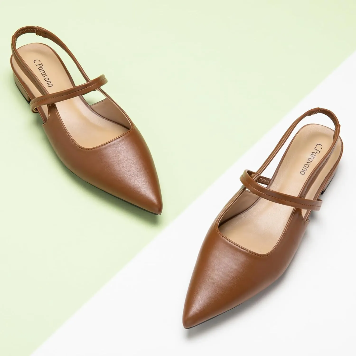 C.Paravano Women's Slingback Flats & Heels - Pointed Toe, Ankle Strap, Comfortable Leather Dress Shoes