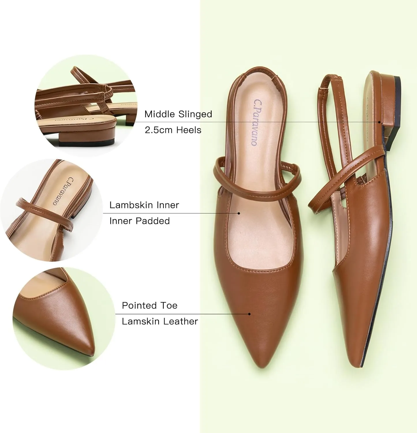 C.Paravano Women's Slingback Flats & Heels - Pointed Toe, Ankle Strap, Comfortable Leather Dress Shoes