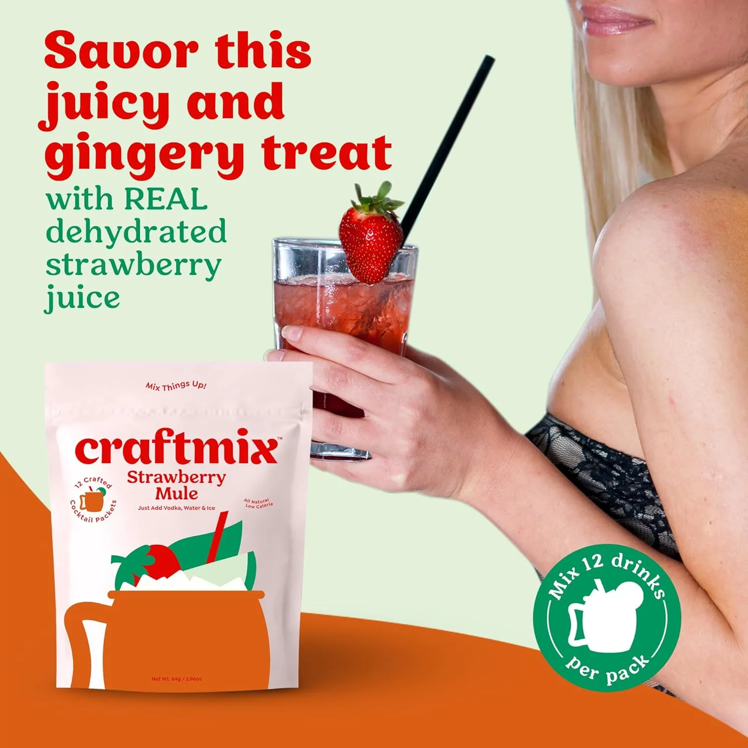 Craftmix Strawberry Mule, Makes 12 Drinks, Skinny Cocktail Mixers Moscow Mule - Mocktail Drink Mixers - Made With Real Fruit - Vegan Low-Carb, Low-Sugar, Non-GMO, Dairy Free, Gluten Free, Easy to Mix