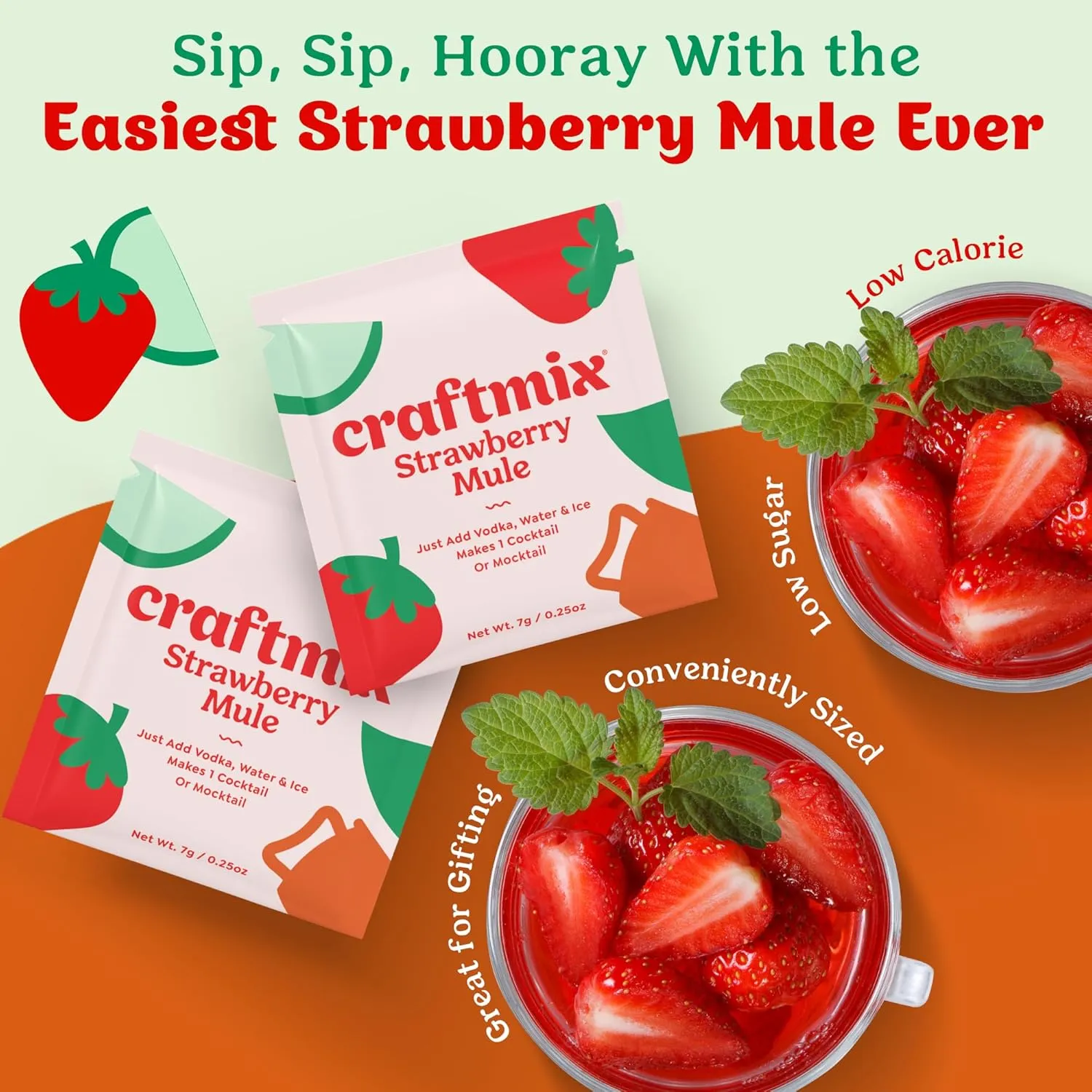 Craftmix Strawberry Mule, Makes 12 Drinks, Skinny Cocktail Mixers Moscow Mule - Mocktail Drink Mixers - Made With Real Fruit - Vegan Low-Carb, Low-Sugar, Non-GMO, Dairy Free, Gluten Free, Easy to Mix