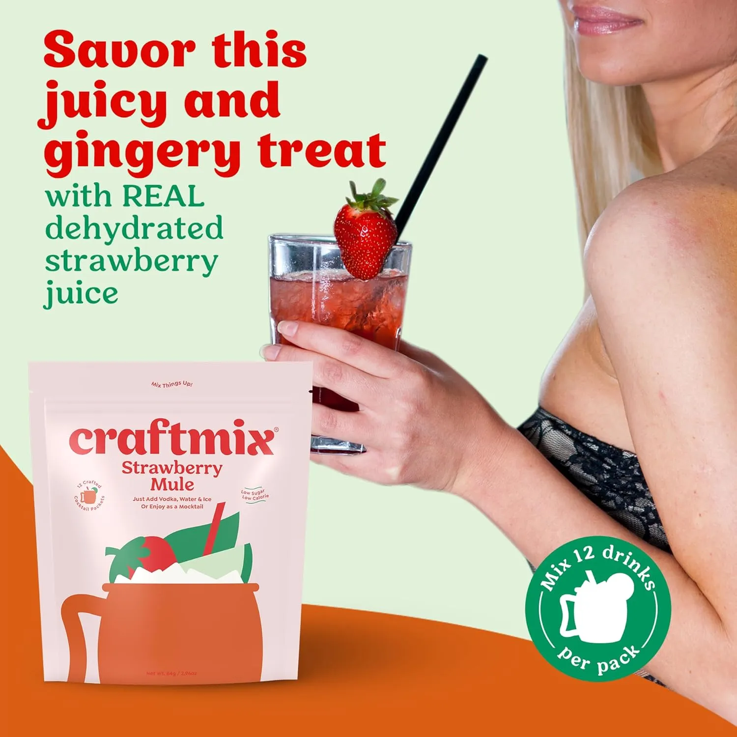 Craftmix Strawberry Mule, Makes 12 Drinks, Skinny Cocktail Mixers Moscow Mule - Mocktail Drink Mixers - Made With Real Fruit - Vegan Low-Carb, Low-Sugar, Non-GMO, Dairy Free, Gluten Free, Easy to Mix