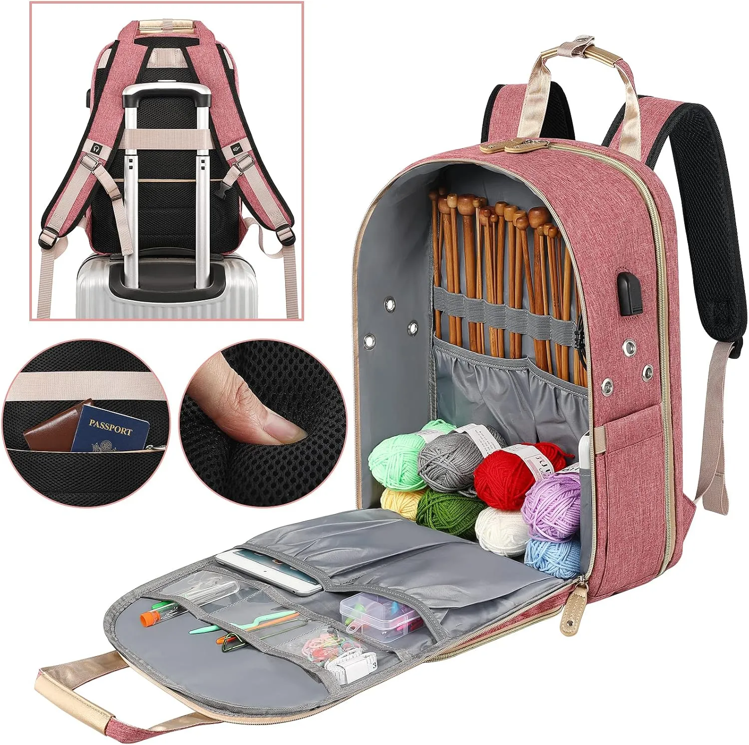 Crochet Bag, Knitting Bag Backpack and Totes Organizer with USB Charging Port, Large Yarn Storage Tote Bag