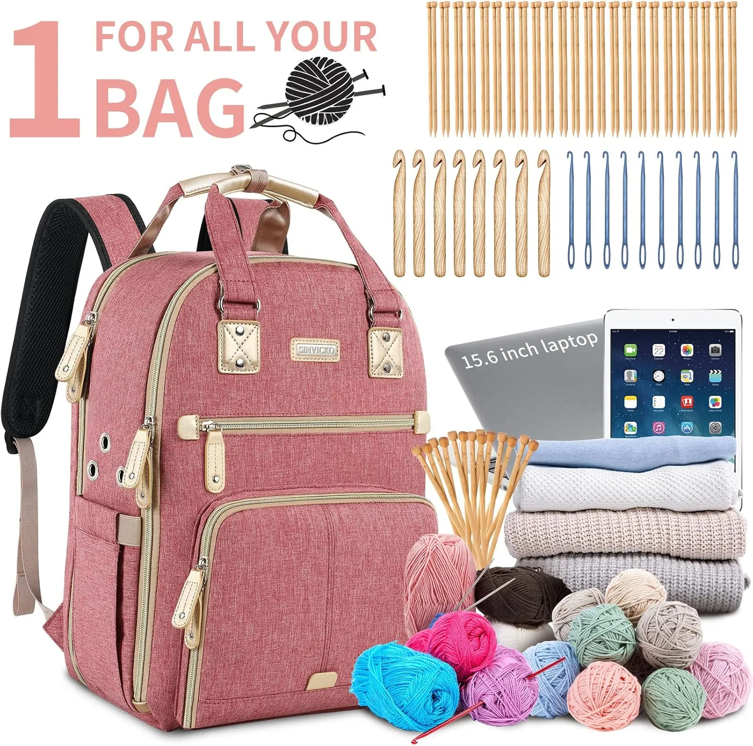 Crochet Bag, Knitting Bag Backpack and Totes Organizer with USB Charging Port, Large Yarn Storage Tote Bag