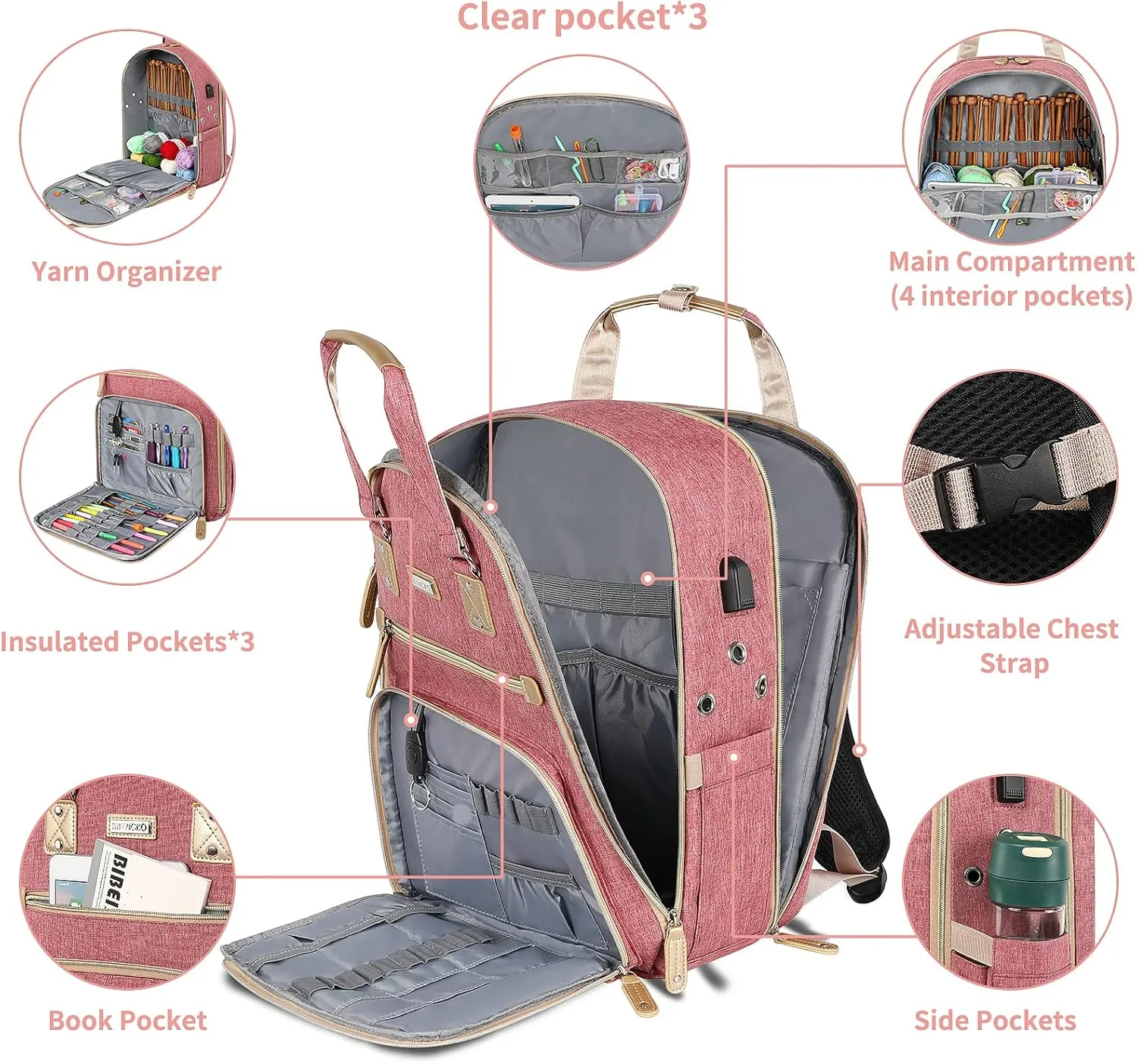 Crochet Bag, Knitting Bag Backpack and Totes Organizer with USB Charging Port, Large Yarn Storage Tote Bag