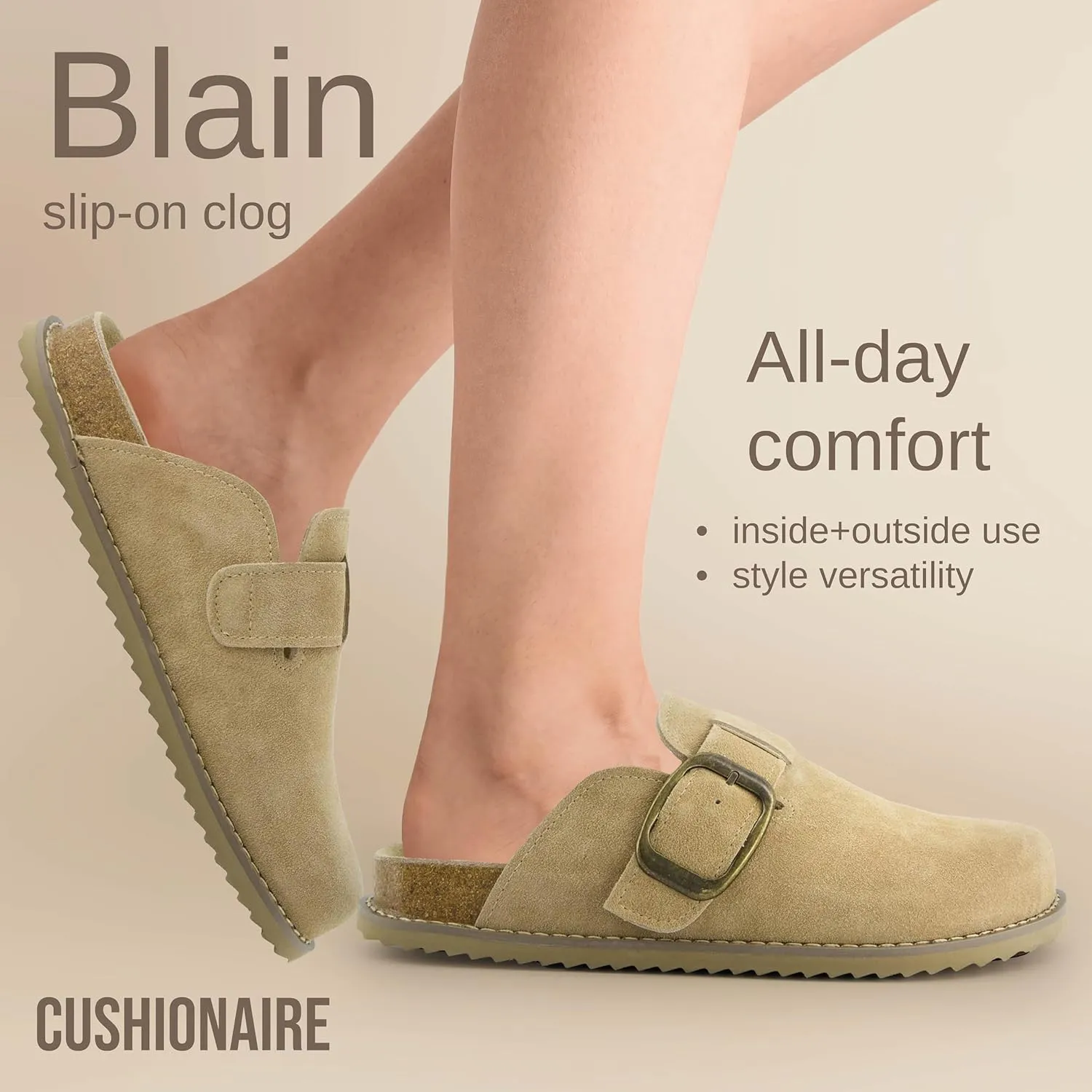 CUSHIONAIRE Women's Blain Genuine Suede Slip-On Clogs with   Memory Foam & Chic Buckle Mule - Comfortable, Non-Slip, Wide Widths Available
