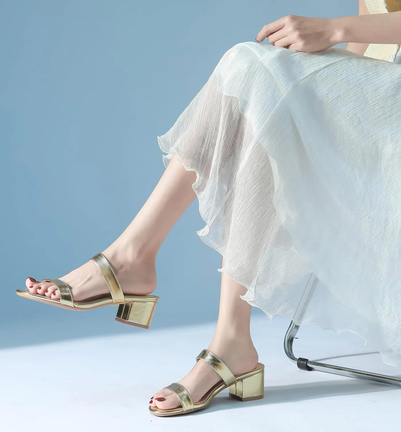 DADAWEN Women's Two Strap Open Toe Slip On Low Chunky Heels Sandals Block Heels Mule Sandals Party Dating Wedding Dress Pumps Shoes