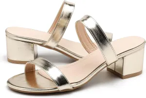 DADAWEN Women's Two Strap Open Toe Slip On Low Chunky Heels Sandals Block Heels Mule Sandals Party Dating Wedding Dress Pumps Shoes