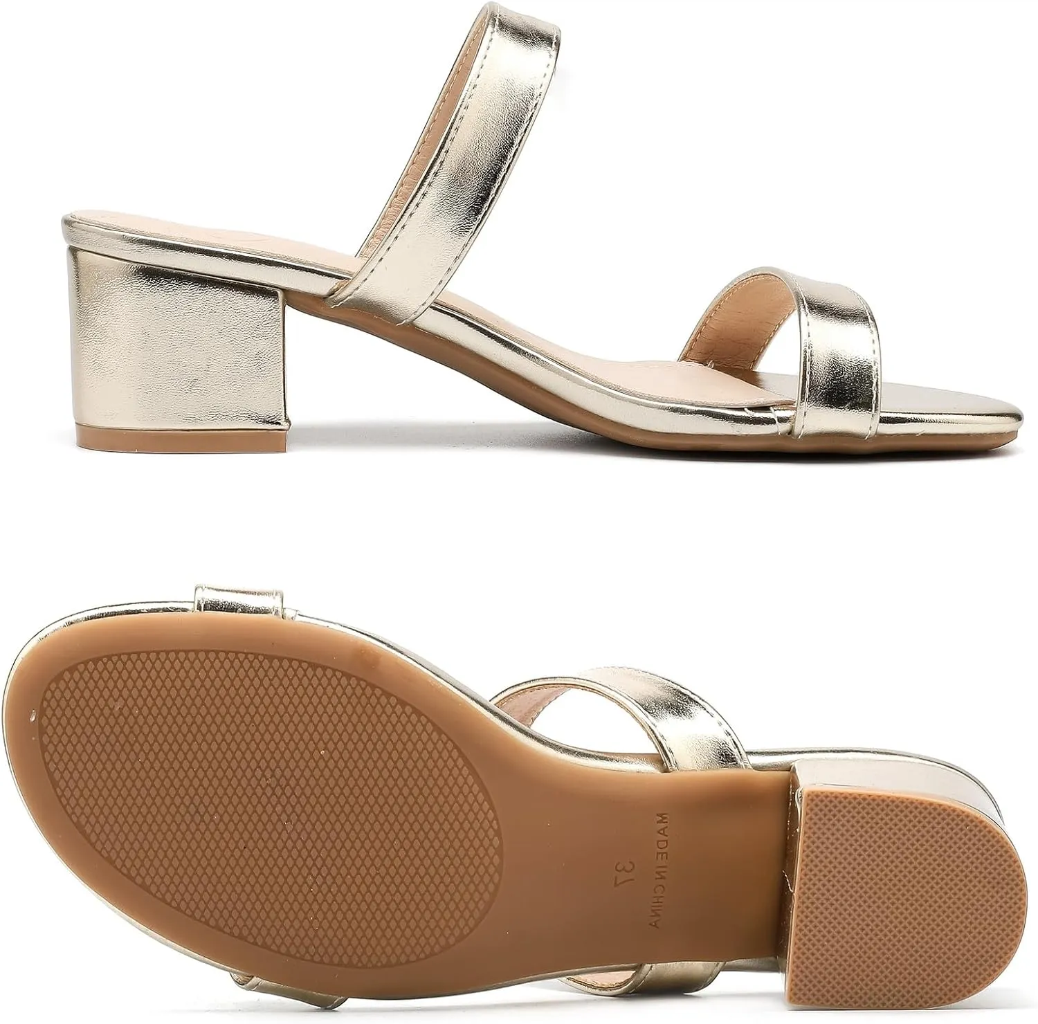 DADAWEN Women's Two Strap Open Toe Slip On Low Chunky Heels Sandals Block Heels Mule Sandals Party Dating Wedding Dress Pumps Shoes