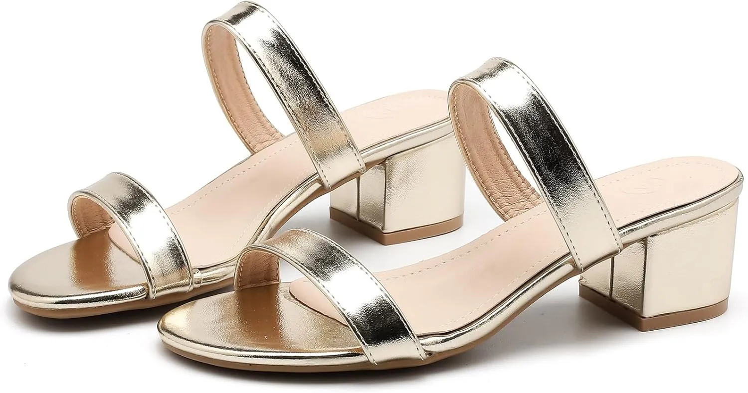 DADAWEN Women's Two Strap Open Toe Slip On Low Chunky Heels Sandals Block Heels Mule Sandals Party Dating Wedding Dress Pumps Shoes