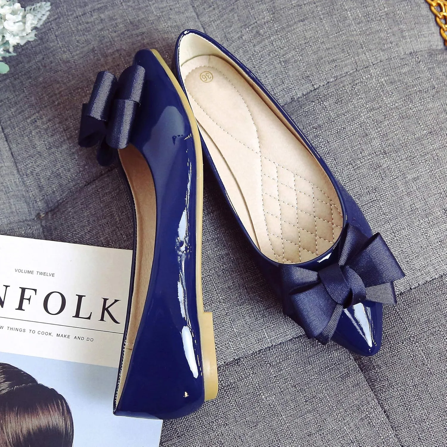 Dear Time Women's Patent Leather Ballet Flat with Bow Comfortable Pointy Slip-on Loafers