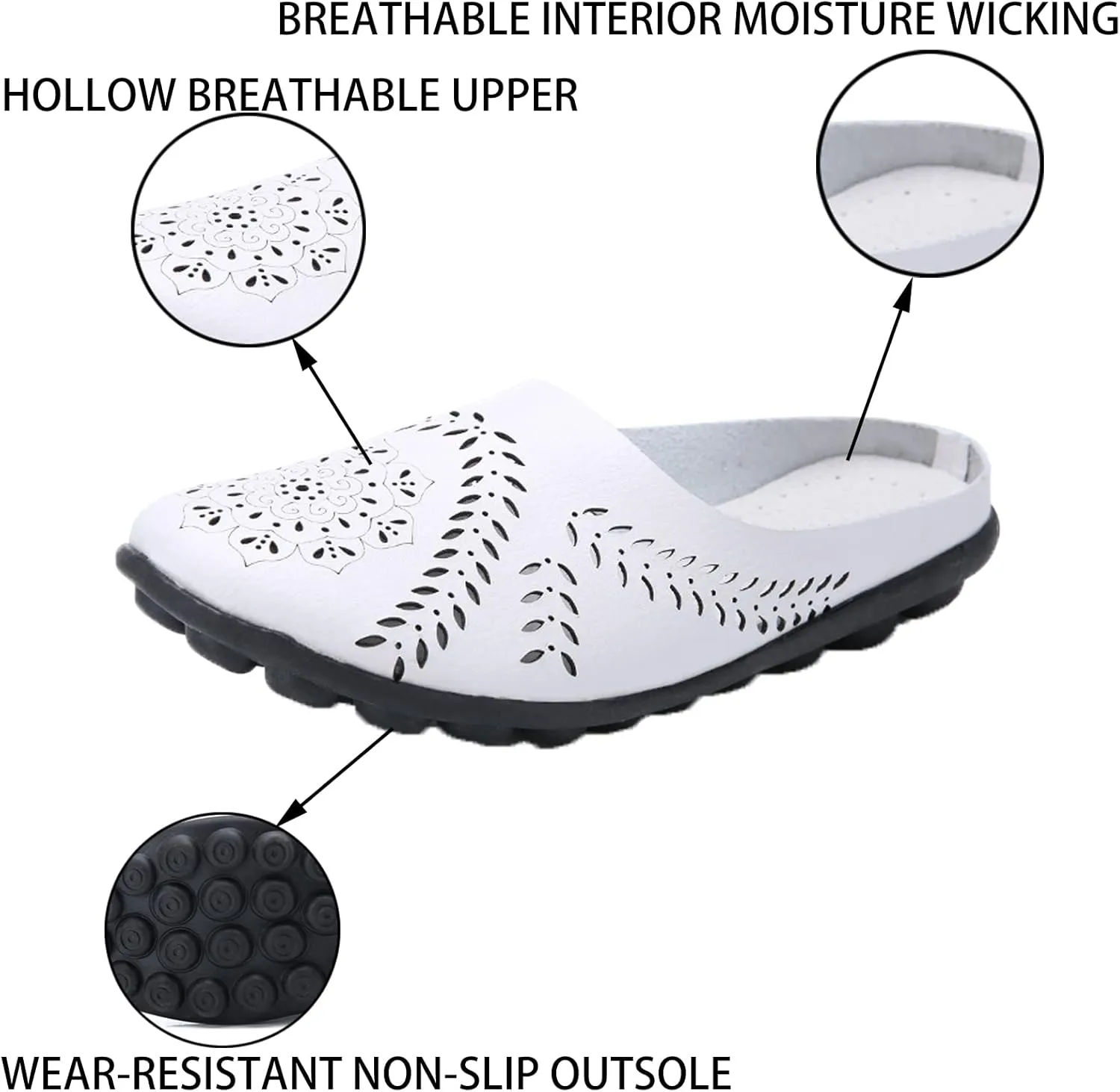 DirraBra Owlkay Women's Hollow Breathable Casual Mule Sandals, Slip On Flat Loafers Outdoor Comfortable Backless Slippers