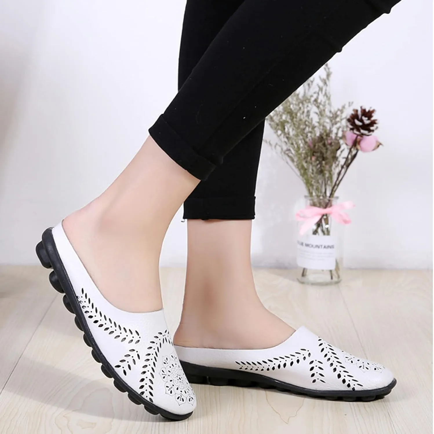 DirraBra Owlkay Women's Hollow Breathable Casual Mule Sandals, Slip On Flat Loafers Outdoor Comfortable Backless Slippers
