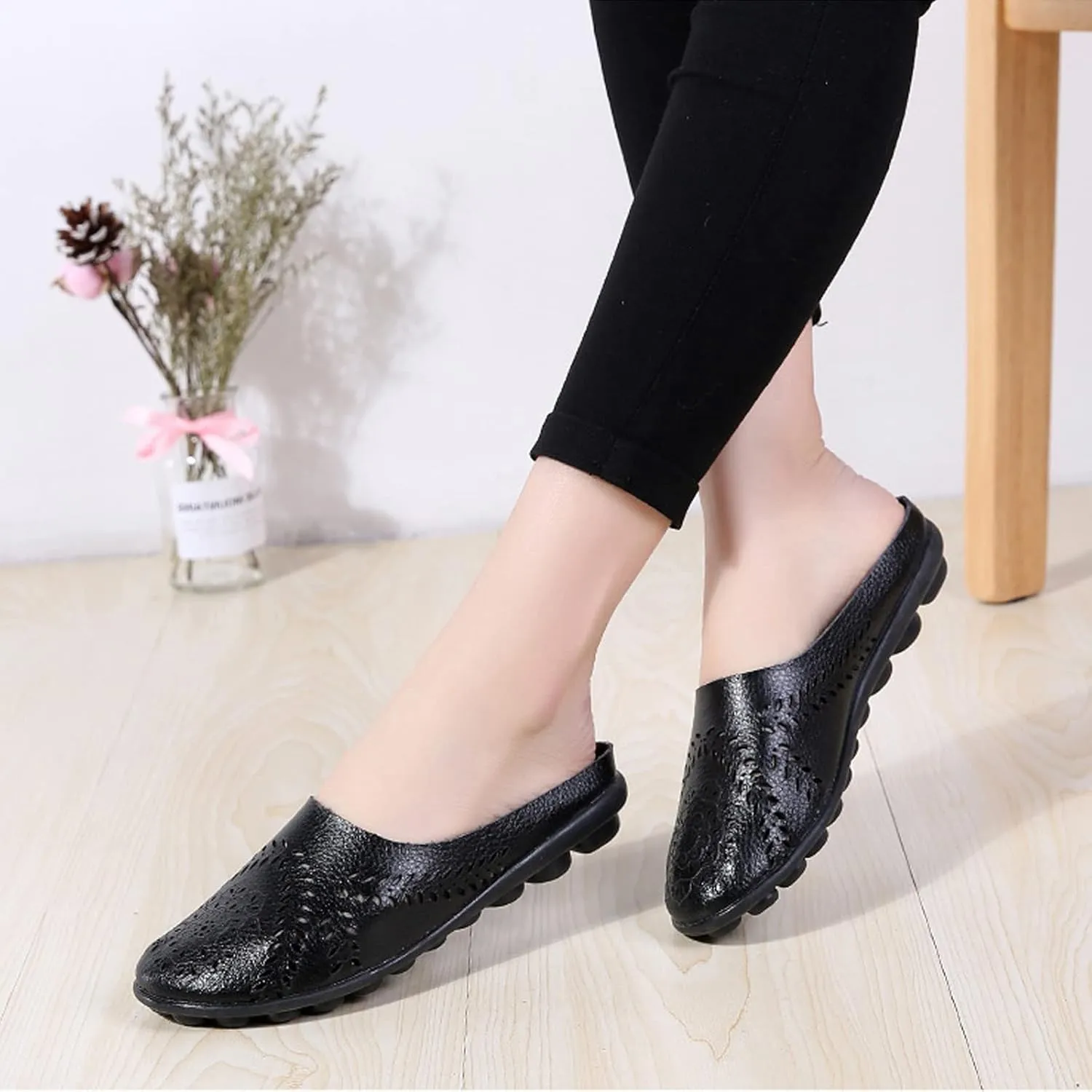 DirraBra Owlkay Women's Hollow Breathable Casual Mule Sandals, Slip On Flat Loafers Outdoor Comfortable Backless Slippers