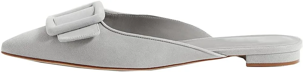 Divanne Mules for Women, Buckle Flat Mules Pointed Toe Backless Mule Slides Suede Slip On Loafers