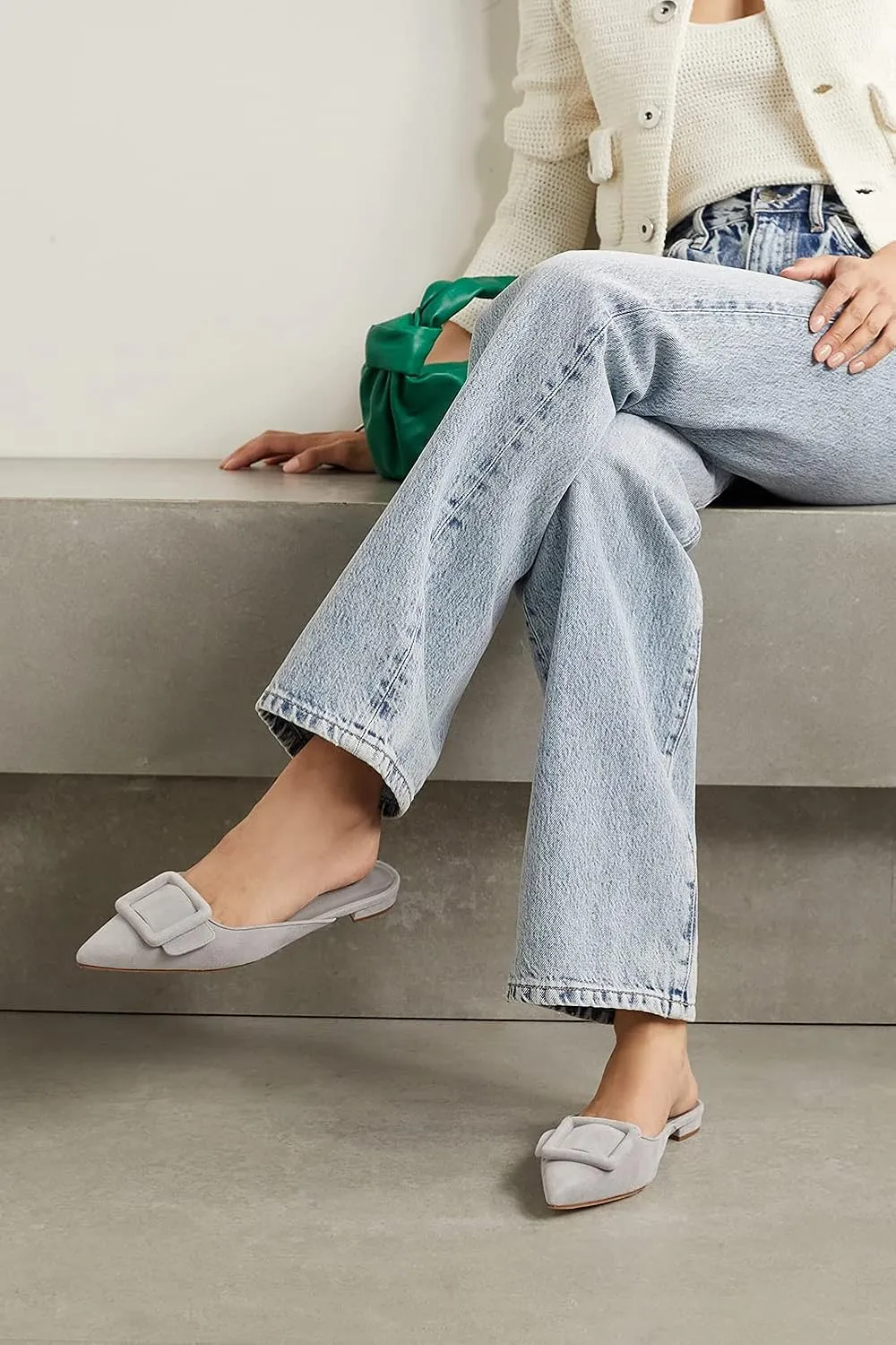 Divanne Mules for Women, Buckle Flat Mules Pointed Toe Backless Mule Slides Suede Slip On Loafers