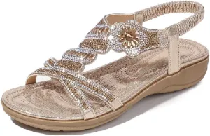 DKCHENH Rhinestone Sandals for Women Flat - Trendy Sparkling Boho Ladies' Flat Sandals,Beautiful Sparkling Boho Ladies' Flat Sandals for Summer.