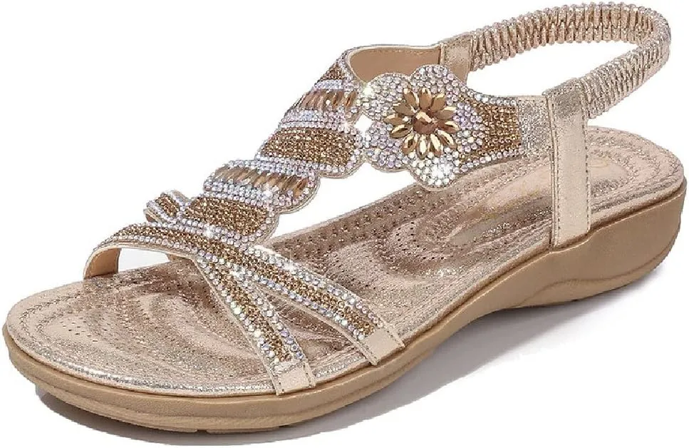 DKCHENH Rhinestone Sandals for Women Flat - Trendy Sparkling Boho Ladies' Flat Sandals,Beautiful Sparkling Boho Ladies' Flat Sandals for Summer.