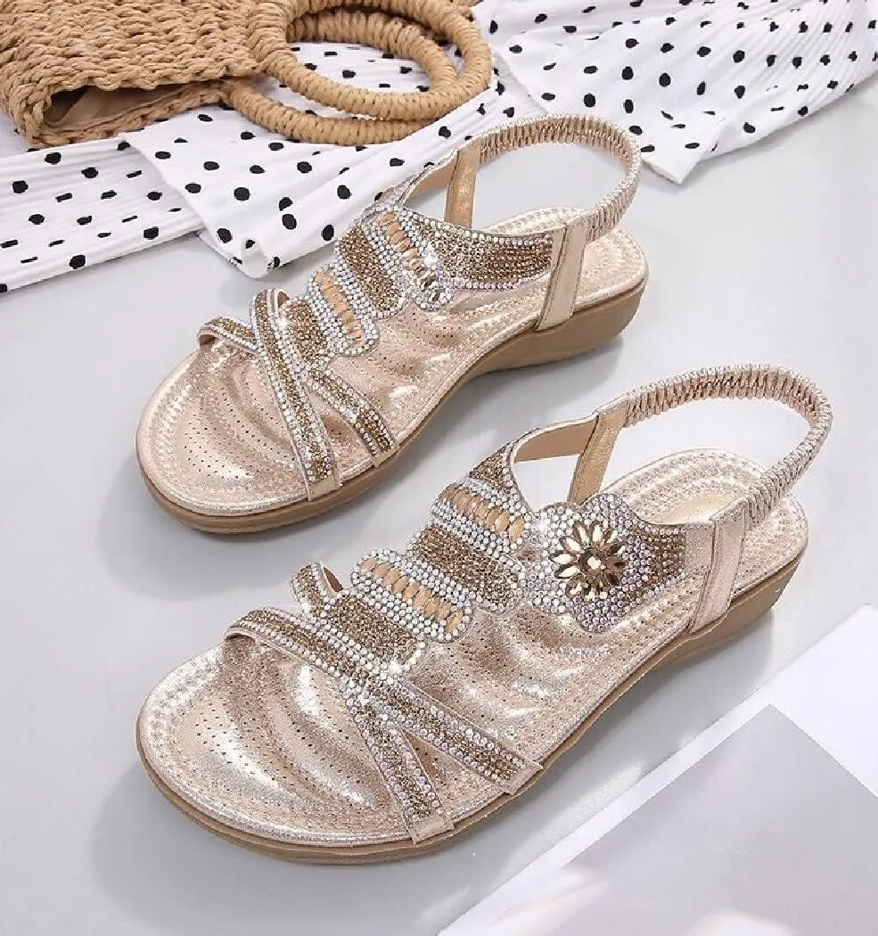 DKCHENH Rhinestone Sandals for Women Flat - Trendy Sparkling Boho Ladies' Flat Sandals,Beautiful Sparkling Boho Ladies' Flat Sandals for Summer.