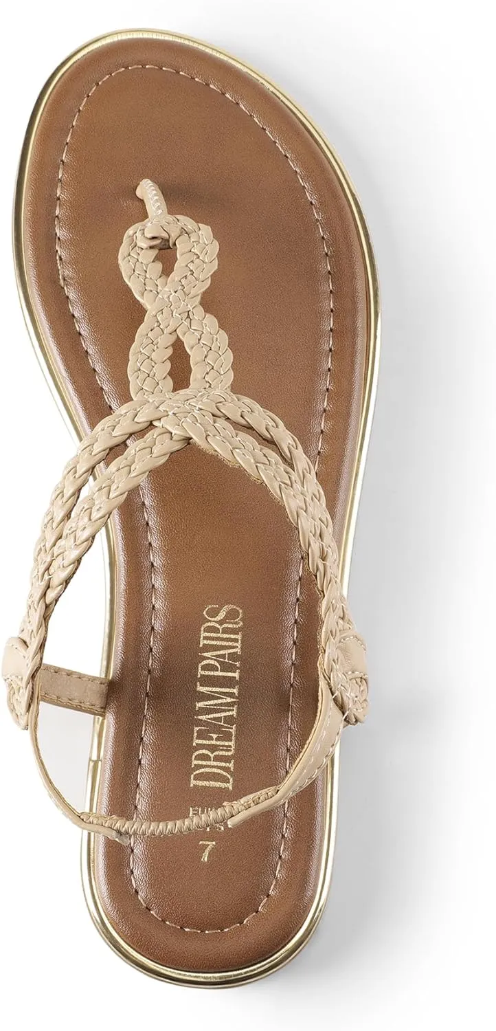 DREAM PAIRS Women's Flat Sandals Dressy Summer Stappy Comfortable Ankle Elastic T-Strap Beach Thong Sandals