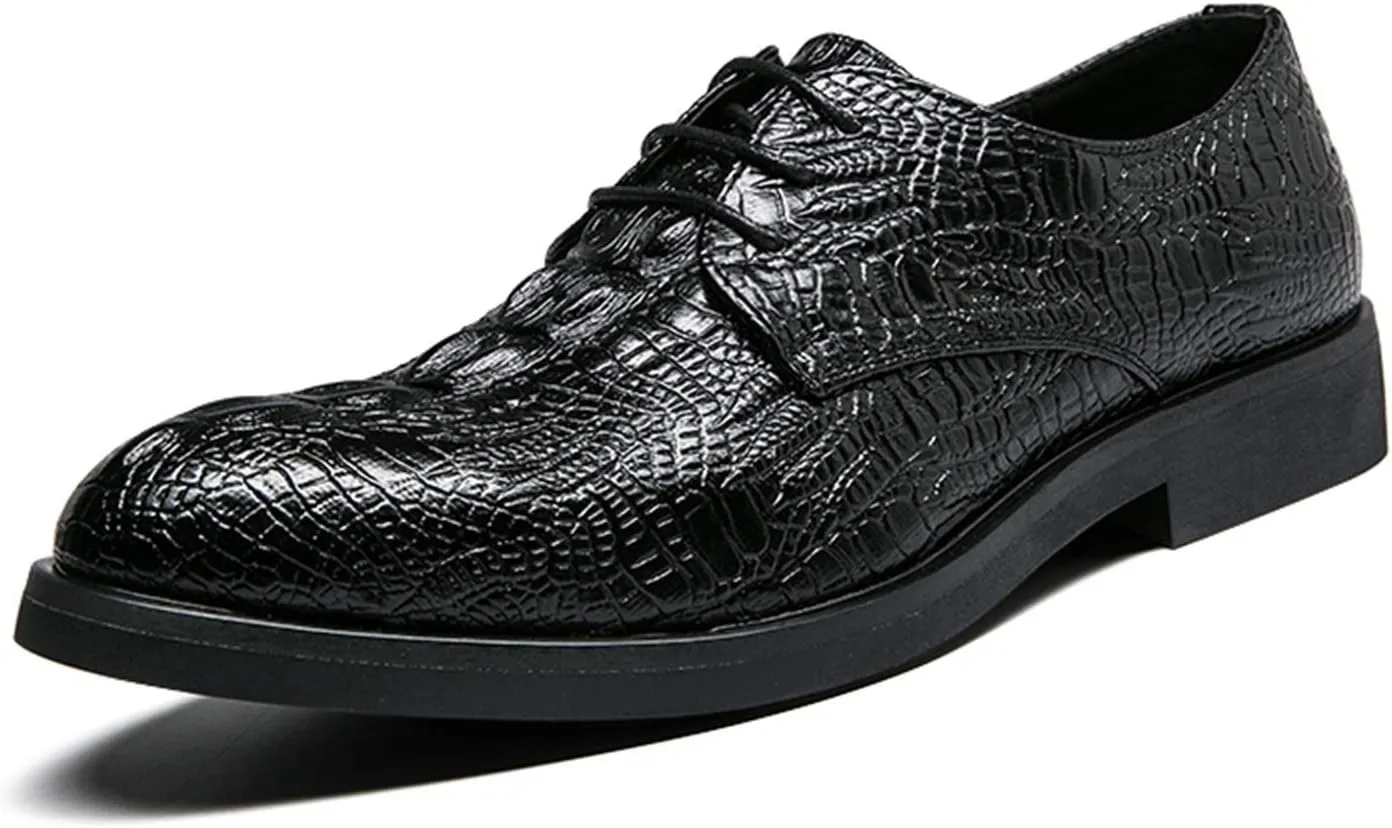 Dress Oxford for Men Lace Up Crocodile Embossed Round Toe Faux Leather Non Slip Rubber Sole Block Heel Wedding