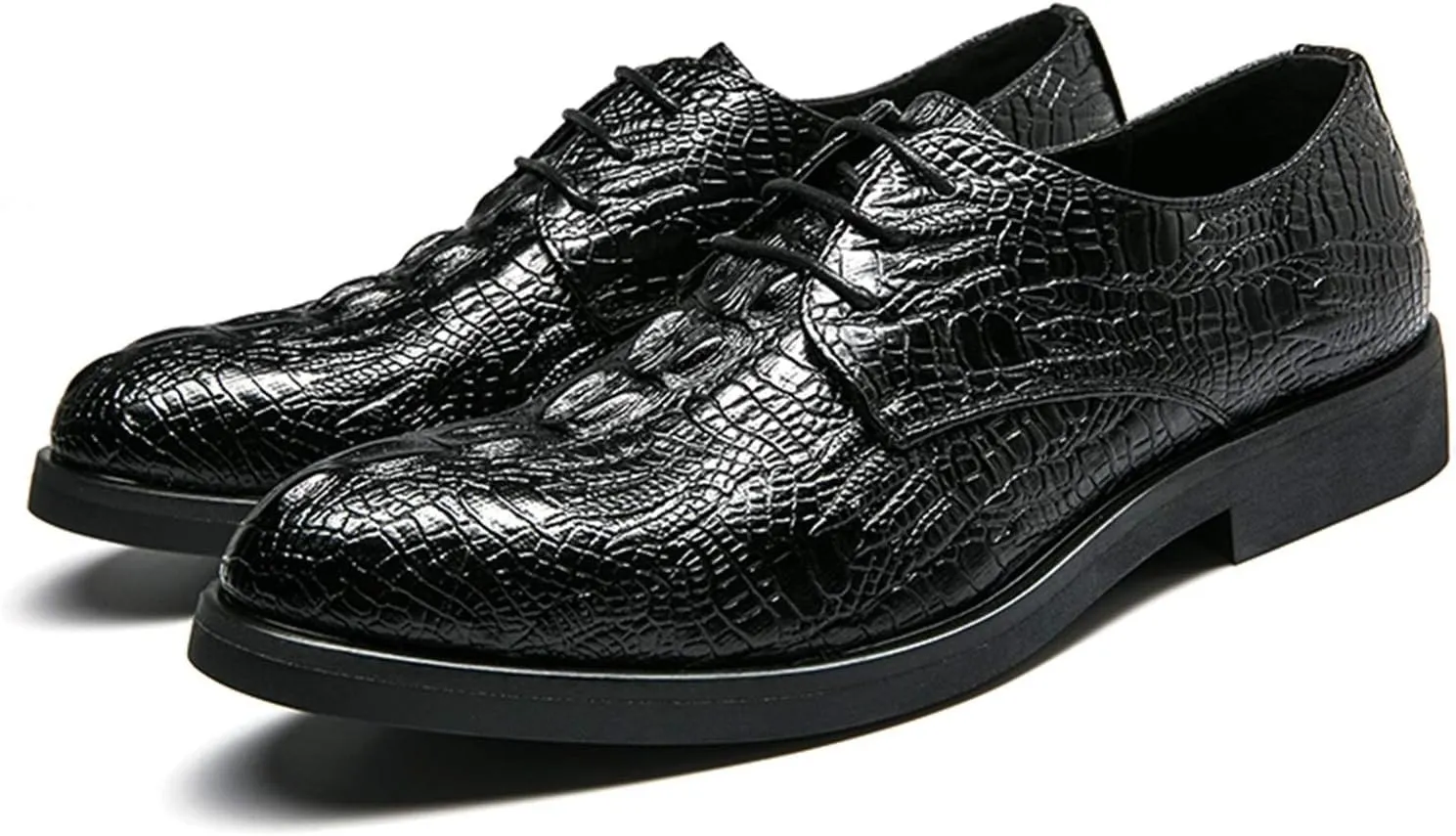 Dress Oxford for Men Lace Up Crocodile Embossed Round Toe Faux Leather Non Slip Rubber Sole Block Heel Wedding