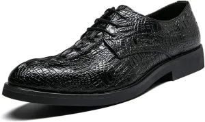 Dress Oxford for Men Lace Up Crocodile Embossed Round Toe Faux Leather Non Slip Rubber Sole Block Heel Wedding