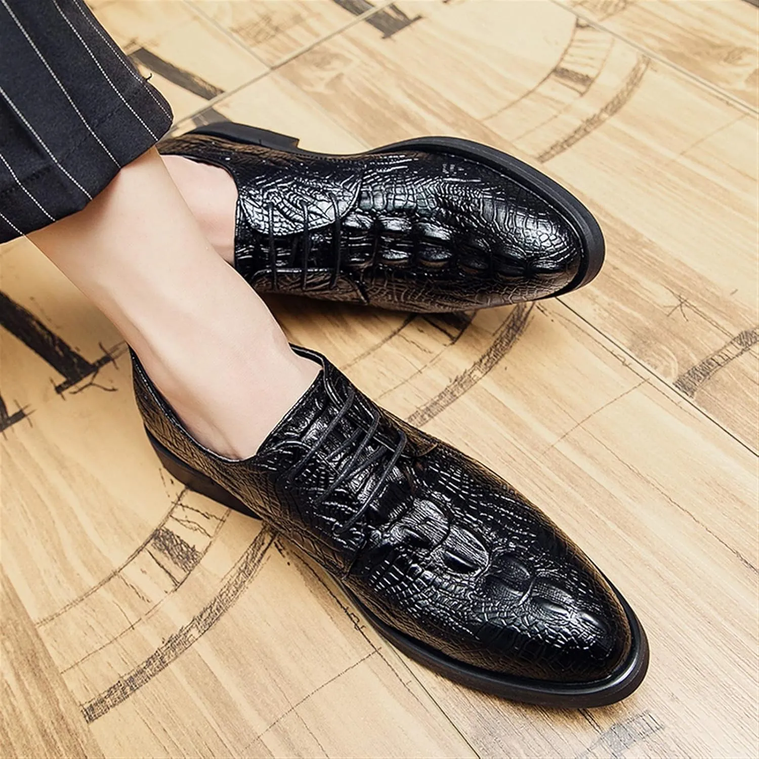 Dress Oxford for Men Lace Up Crocodile Embossed Round Toe Faux Leather Non Slip Rubber Sole Block Heel Wedding