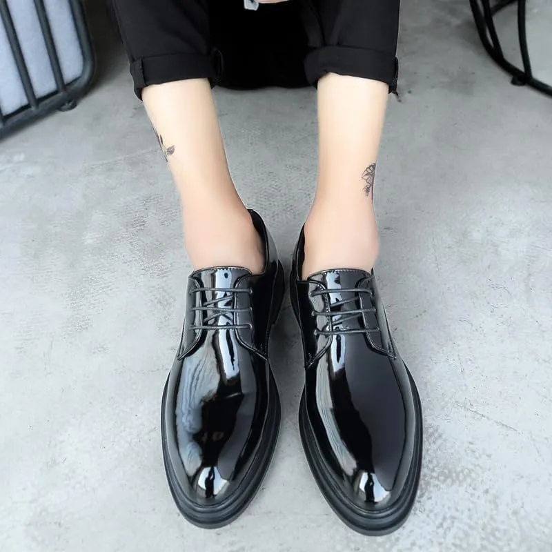 Dress Oxford Shoes for Men Lace Up Pointed Toe Vegan Leather Shiny Derby Shoes Non Slip Anti-Slip Low Top Classic