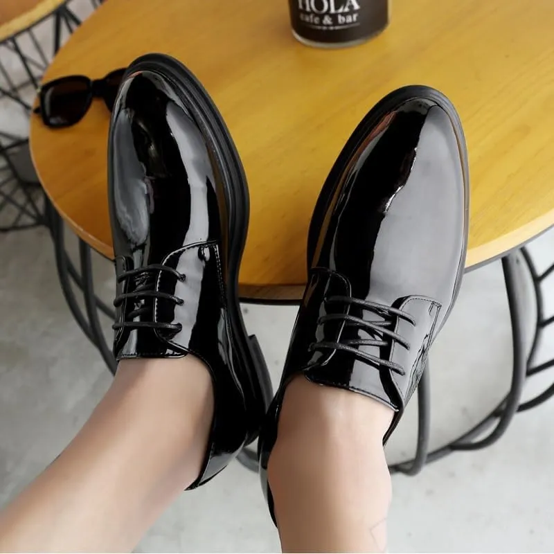 Dress Oxford Shoes for Men Lace Up Pointed Toe Vegan Leather Shiny Derby Shoes Non Slip Anti-Slip Low Top Classic
