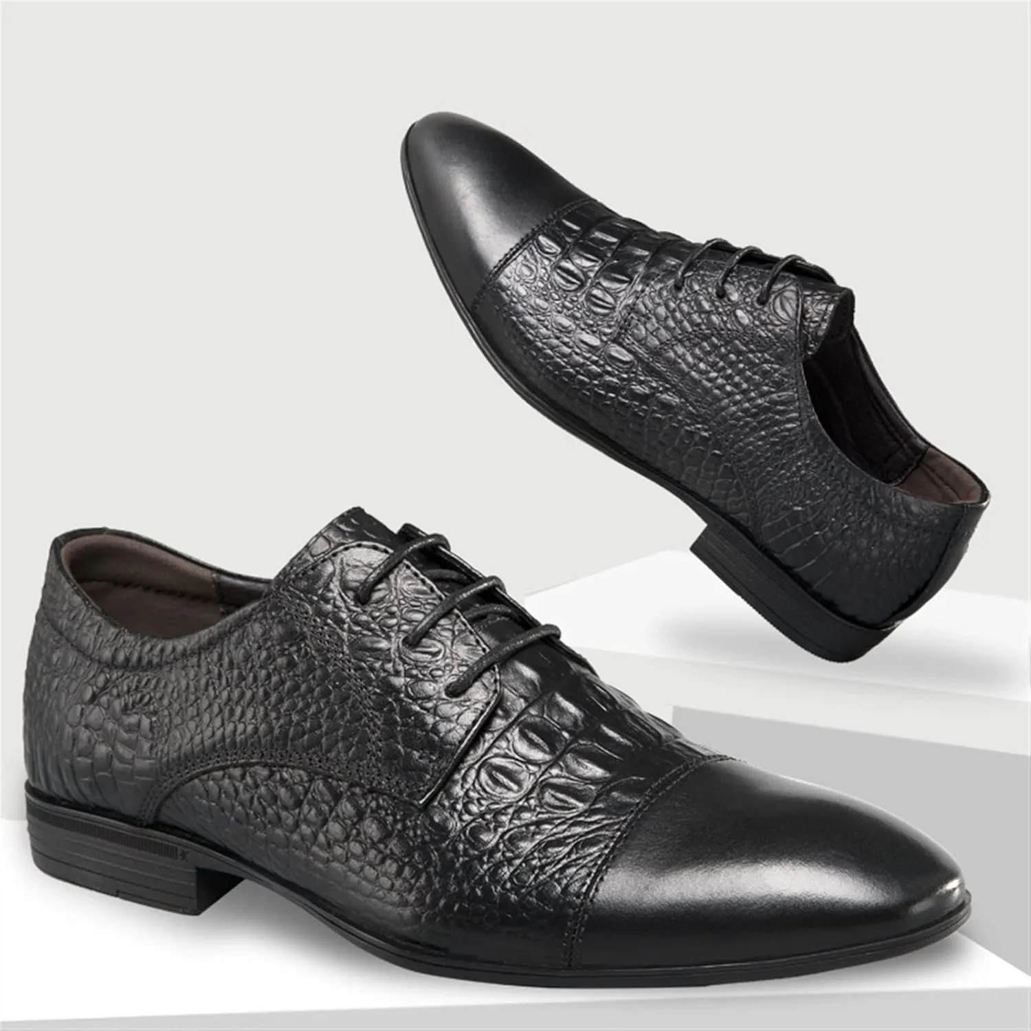 Dress Shoes for Men Lace Up Cap Toe Crocodile Embossed Derby Shoes Leather Rubber Sole Anti-Slip Non Slip Low Top Block Heel Prom