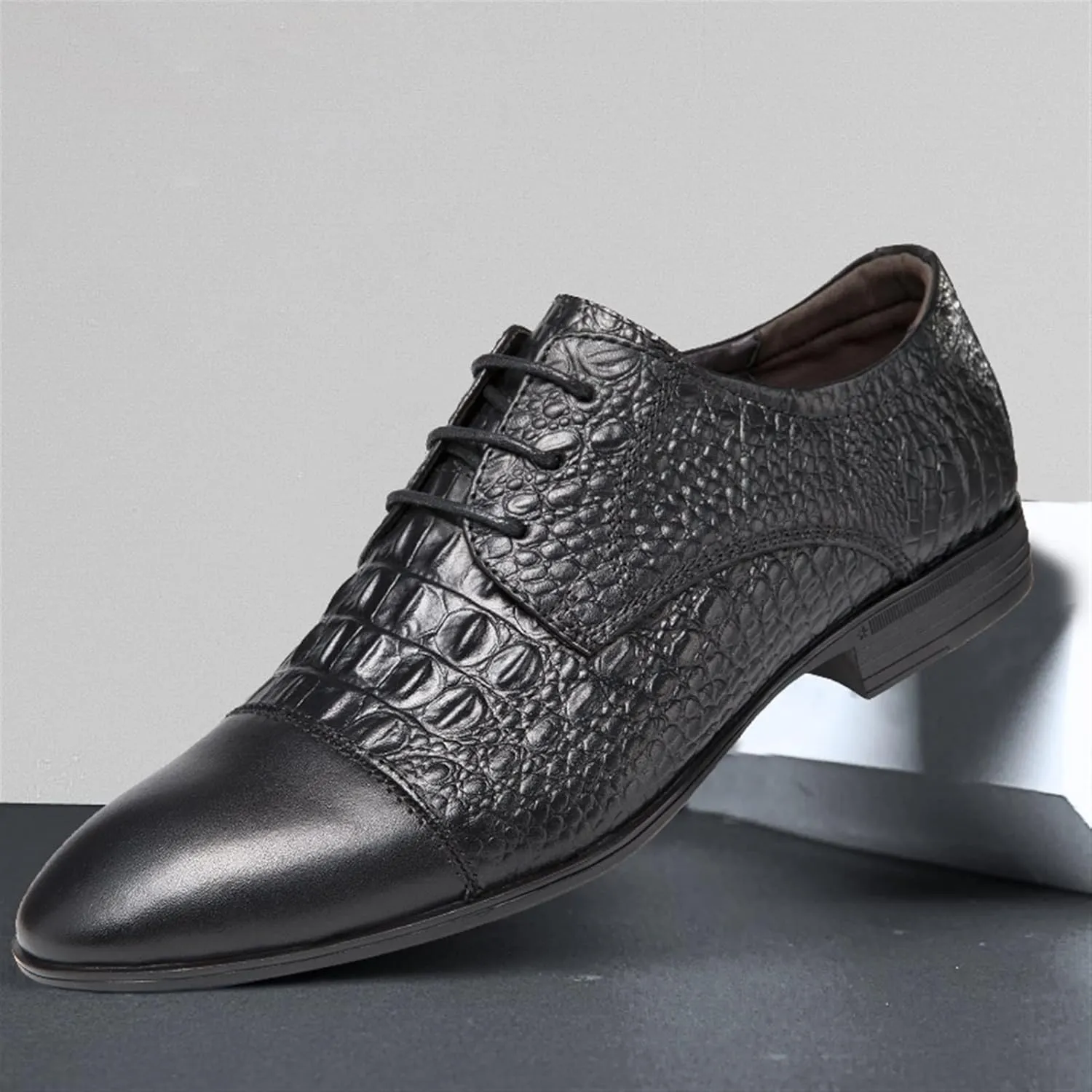 Dress Shoes for Men Lace Up Cap Toe Crocodile Embossed Derby Shoes Leather Rubber Sole Anti-Slip Non Slip Low Top Block Heel Prom