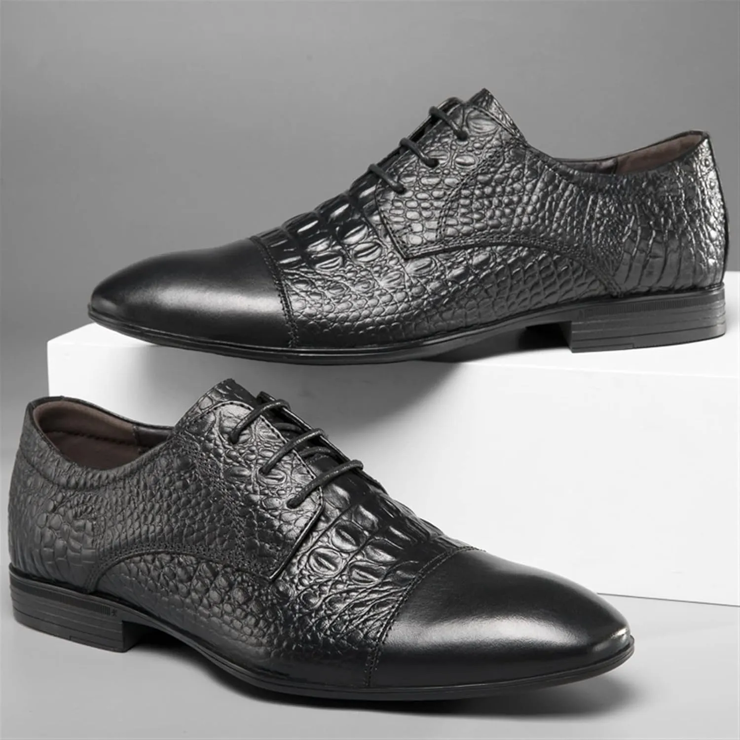 Dress Shoes for Men Lace Up Cap Toe Crocodile Embossed Derby Shoes Leather Rubber Sole Anti-Slip Non Slip Low Top Block Heel Prom
