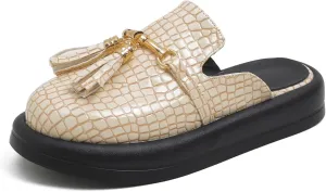 Dumalum Mules for Women Flats Closed Round Toe Slip on Sandals Comfortable Loafers Slides Shoes with Metal Chain Decor