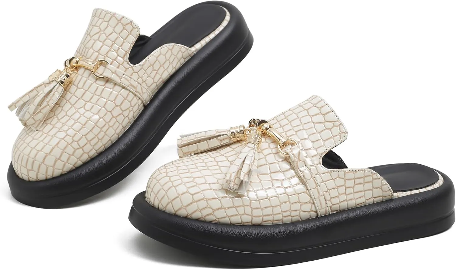 Dumalum Mules for Women Flats Closed Round Toe Slip on Sandals Comfortable Loafers Slides Shoes with Metal Chain Decor