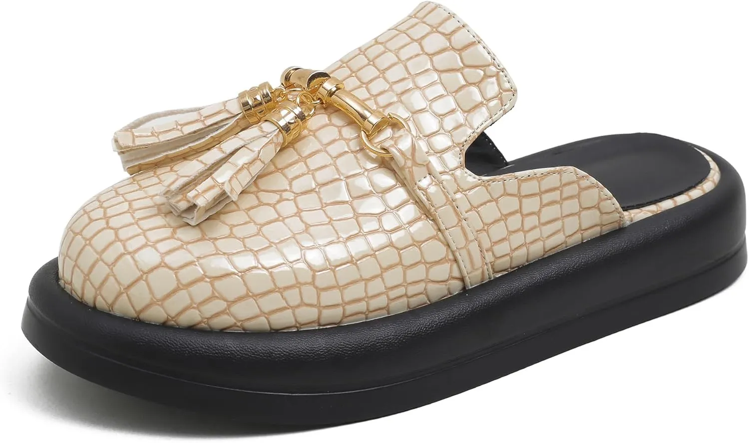 Dumalum Mules for Women Flats Closed Round Toe Slip on Sandals Comfortable Loafers Slides Shoes with Metal Chain Decor