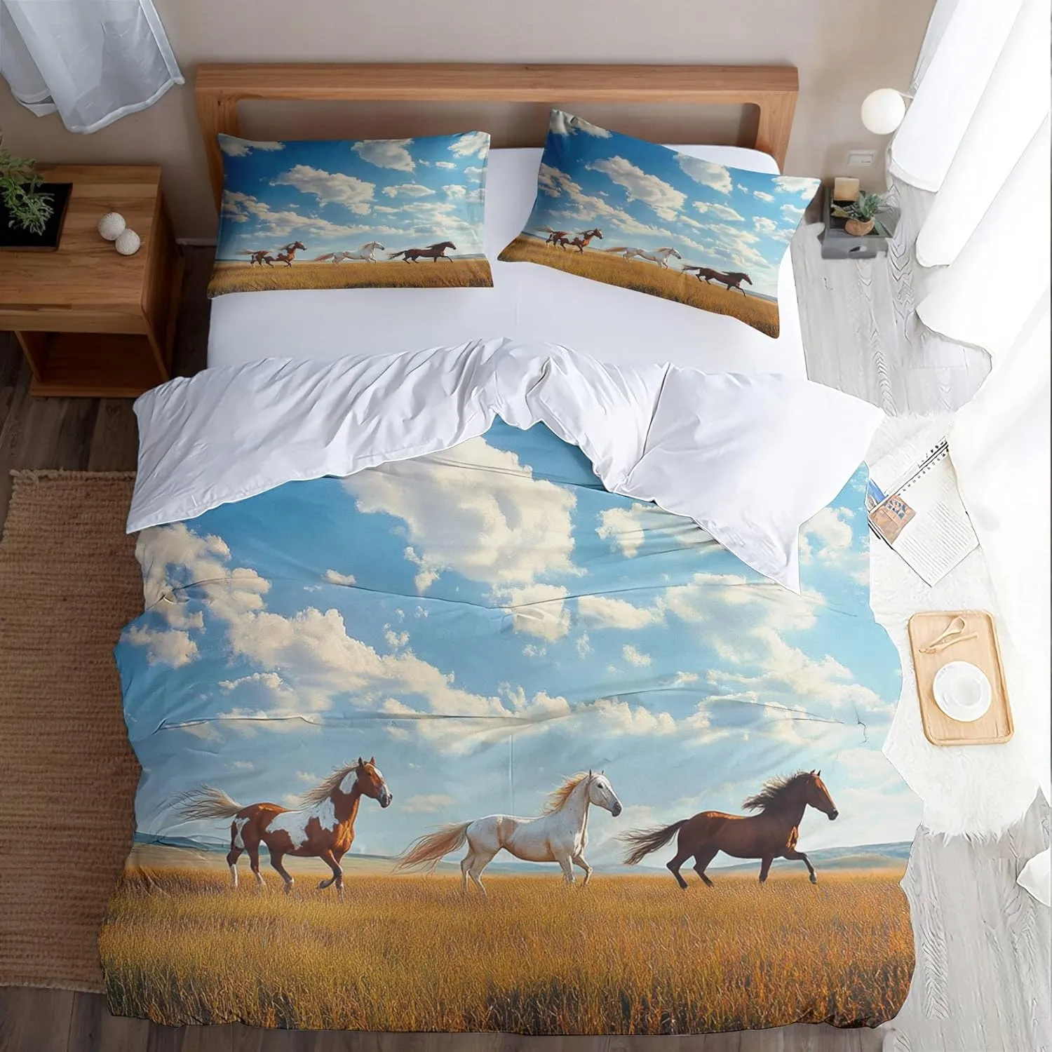 Duvet Cover Twin Horse Duvet Cover Set Grassland Running Animal Horse Comforter Covers Breathable Microfiber Bedding Set 3 Pieces with Zipper Closure, 1 Quilt Covers and 2 Pillowcase