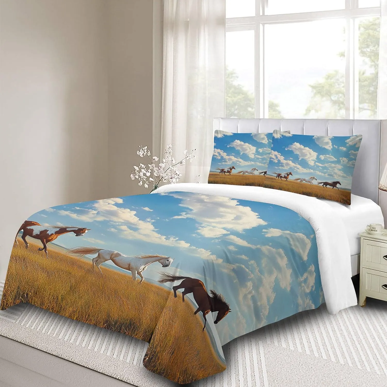 Duvet Cover Twin Horse Duvet Cover Set Grassland Running Animal Horse Comforter Covers Breathable Microfiber Bedding Set 3 Pieces with Zipper Closure, 1 Quilt Covers and 2 Pillowcase