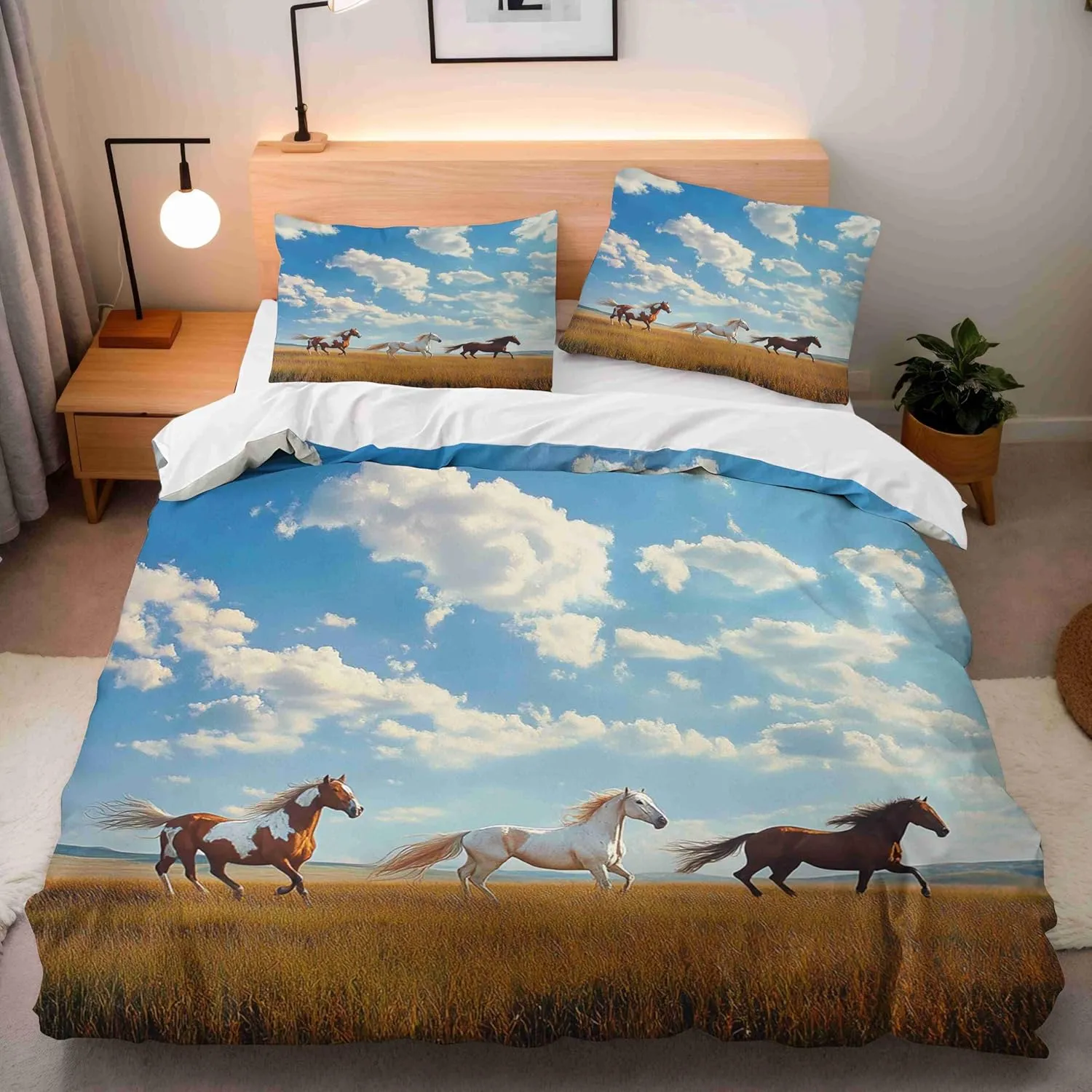 Duvet Cover Twin Horse Duvet Cover Set Grassland Running Animal Horse Comforter Covers Breathable Microfiber Bedding Set 3 Pieces with Zipper Closure, 1 Quilt Covers and 2 Pillowcase