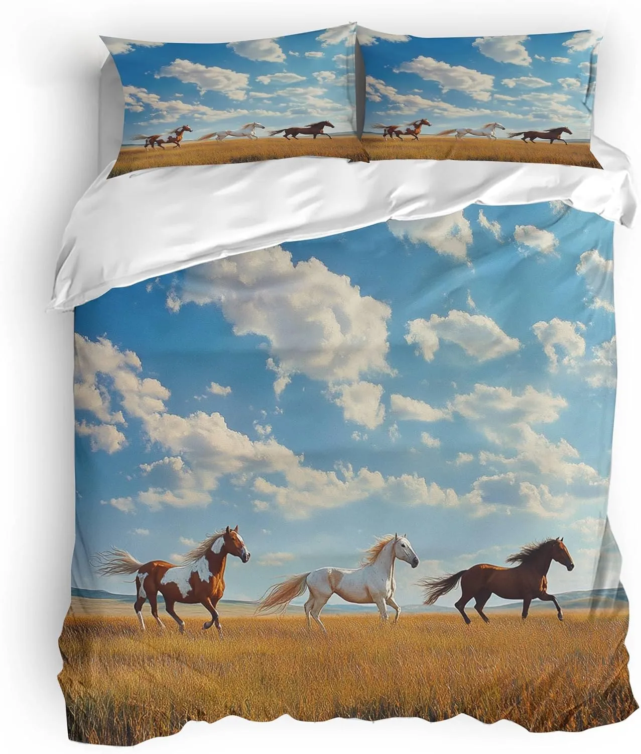 Duvet Cover Twin Horse Duvet Cover Set Grassland Running Animal Horse Comforter Covers Breathable Microfiber Bedding Set 3 Pieces with Zipper Closure, 1 Quilt Covers and 2 Pillowcase
