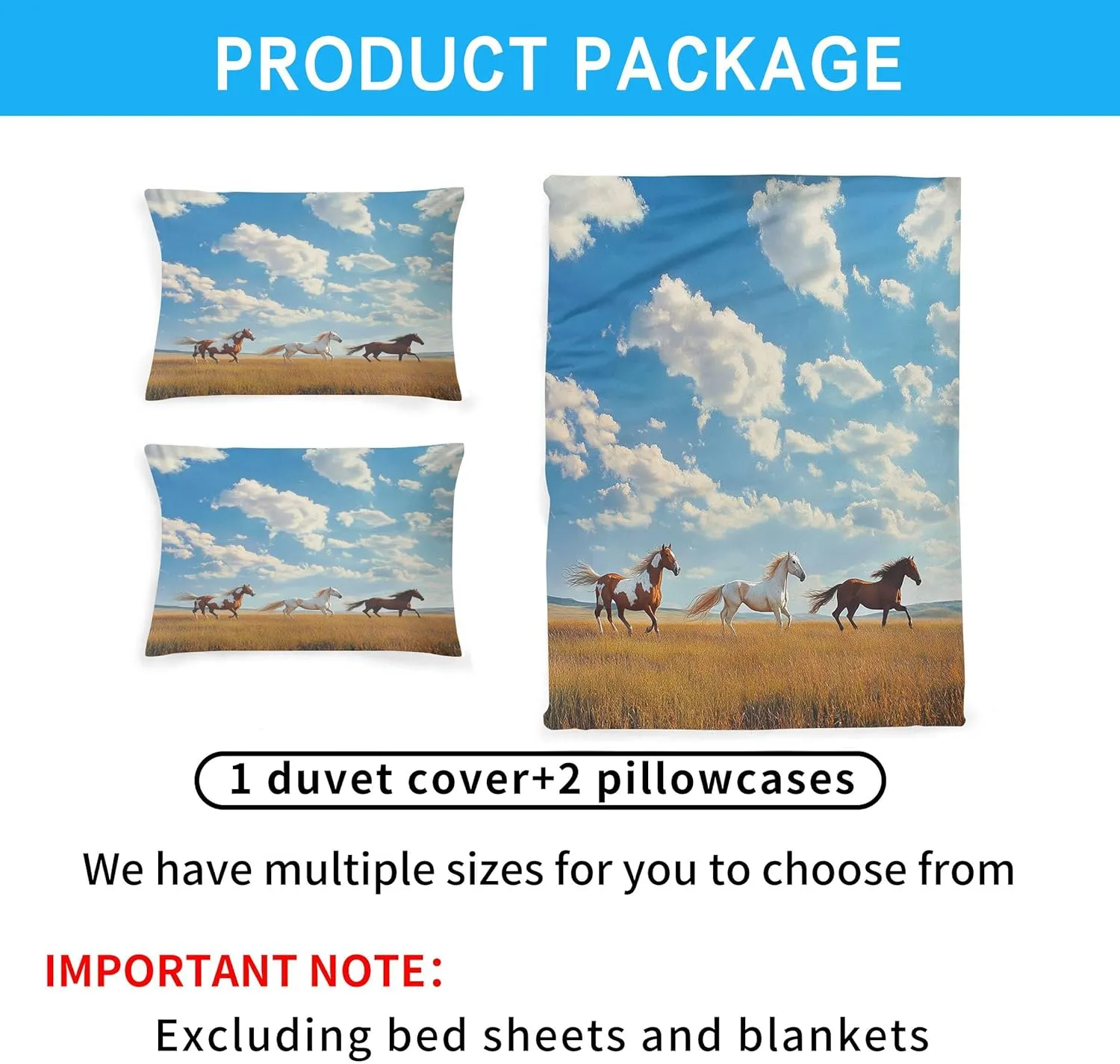 Duvet Cover Twin Horse Duvet Cover Set Grassland Running Animal Horse Comforter Covers Breathable Microfiber Bedding Set 3 Pieces with Zipper Closure, 1 Quilt Covers and 2 Pillowcase